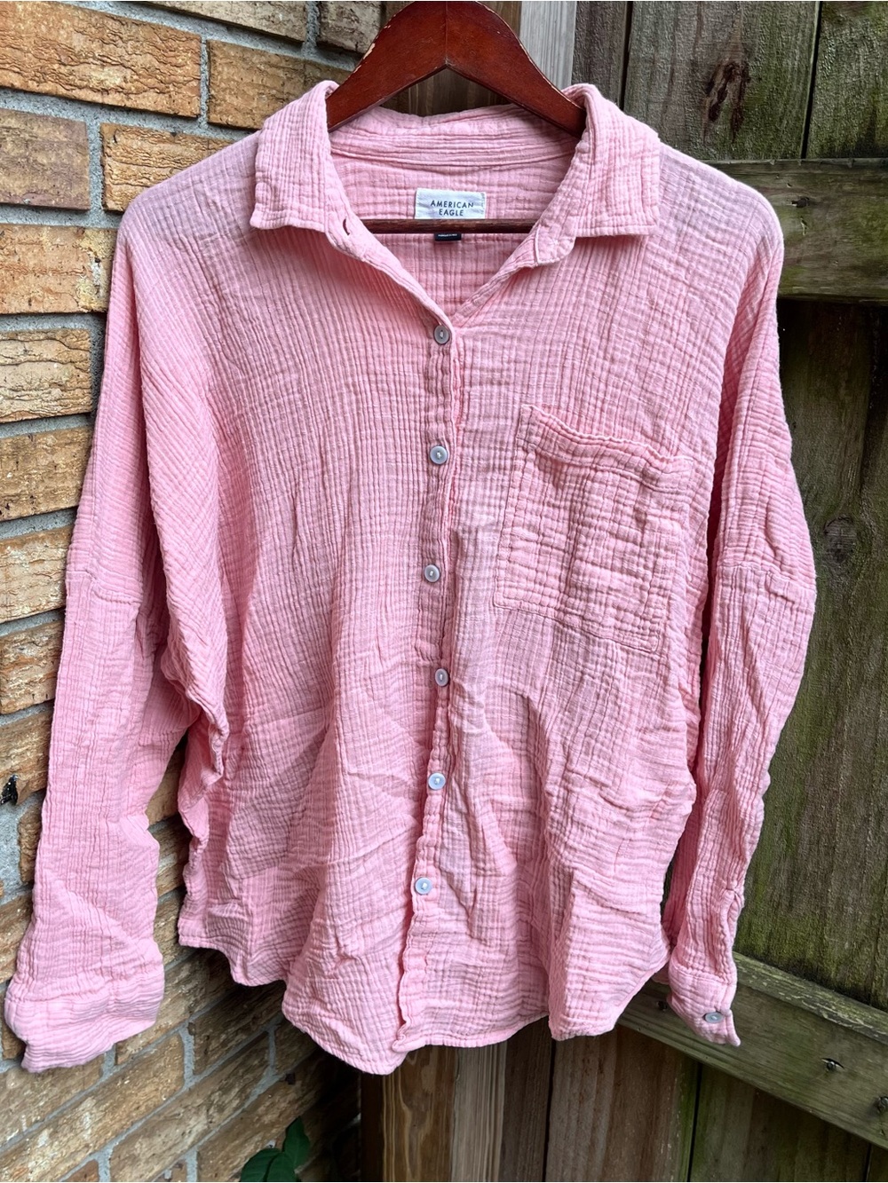 American Eagle Outfitters Pink Gauze Button-Down Shirt